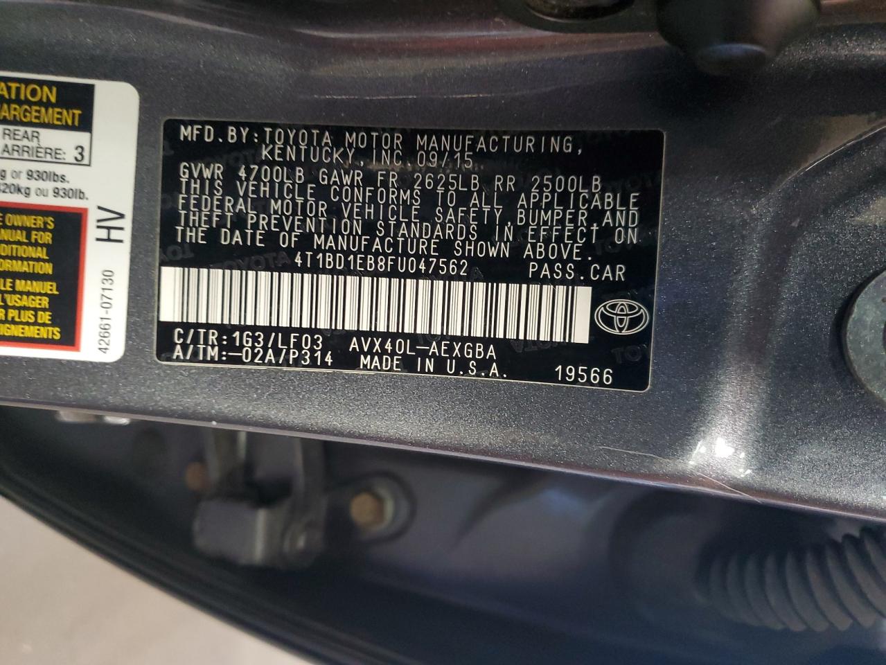 2015 Toyota Avalon Hybrid VIN: 4T1BD1EB8FU047562 Lot: 81885185