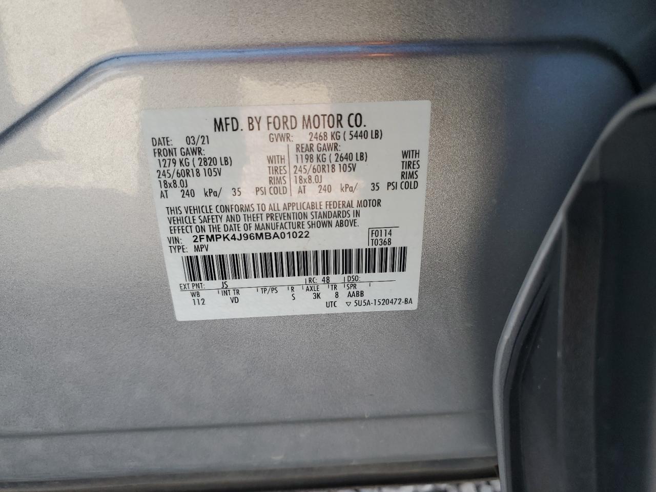 2021 Ford Edge Sel VIN: 2FMPK4J96MBA01022 Lot: 84444385