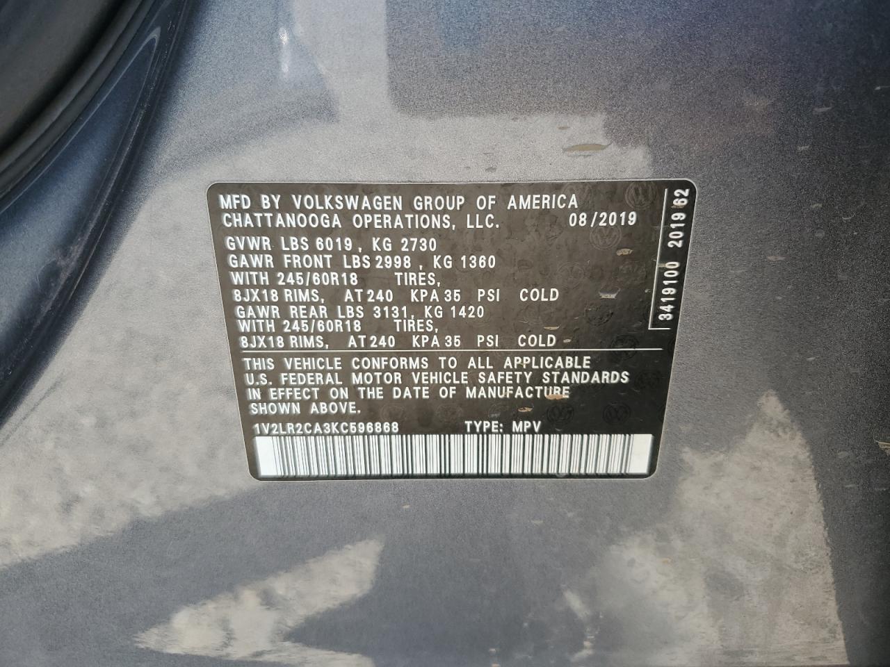 2019 Volkswagen Atlas Se VIN: 1V2LR2CA3KC596868 Lot: 80060725