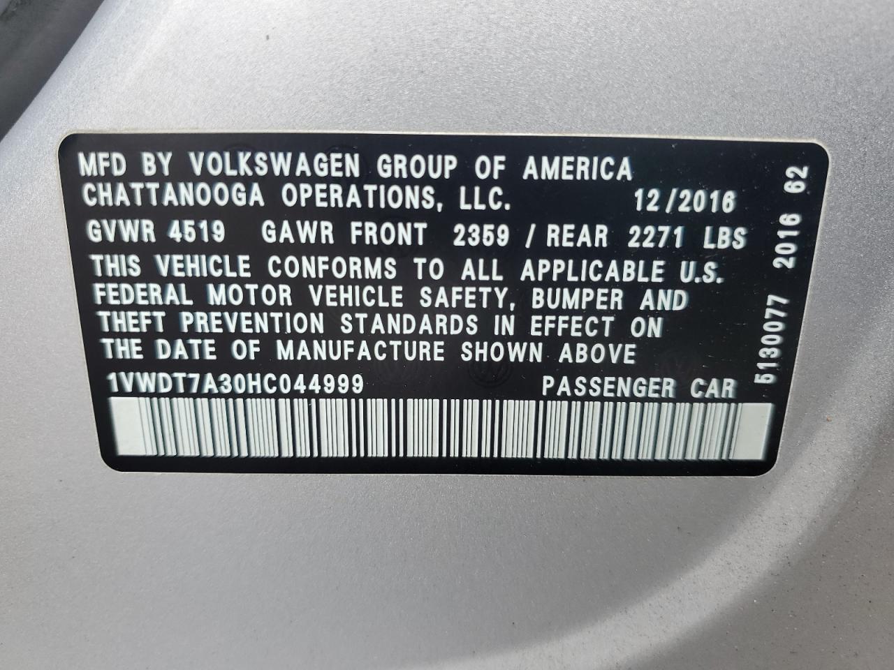 2017 Volkswagen Passat R-Line VIN: 1VWDT7A30HC044999 Lot: 82142795