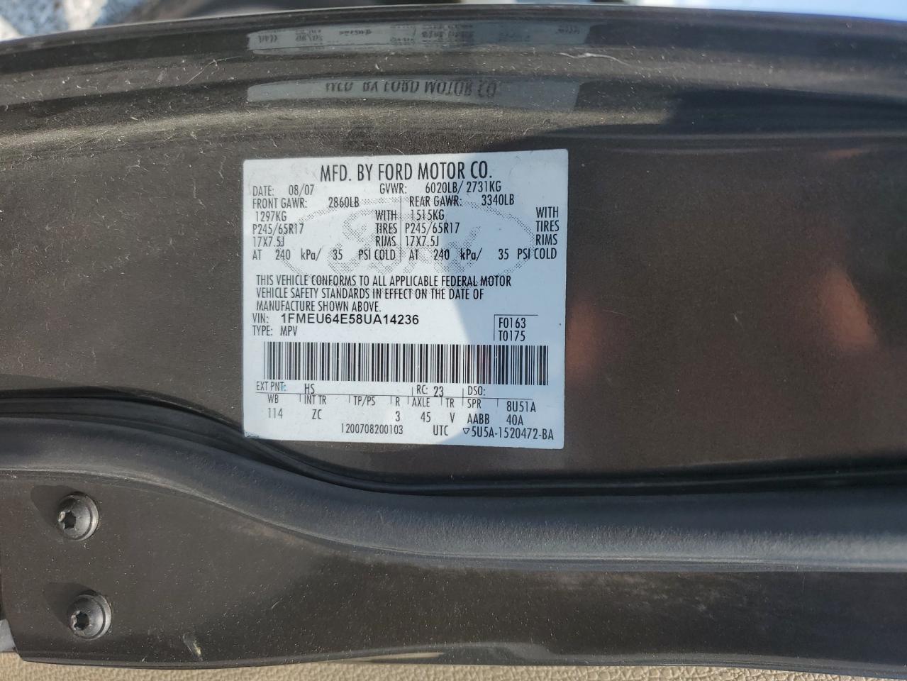 2008 Ford Explorer Eddie Bauer VIN: 1FMEU64E58UA14236 Lot: 81101775