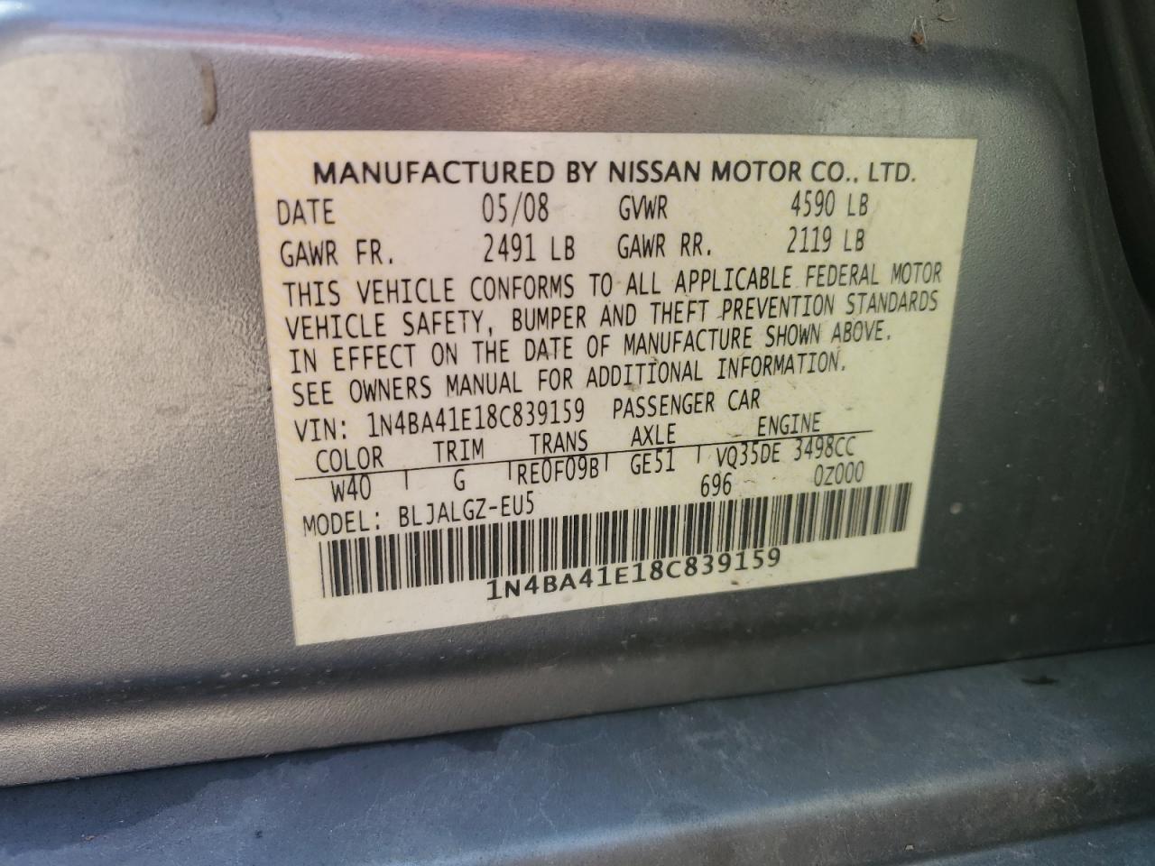 2008 Nissan Maxima Se VIN: 1N4BA41E18C839159 Lot: 71214755