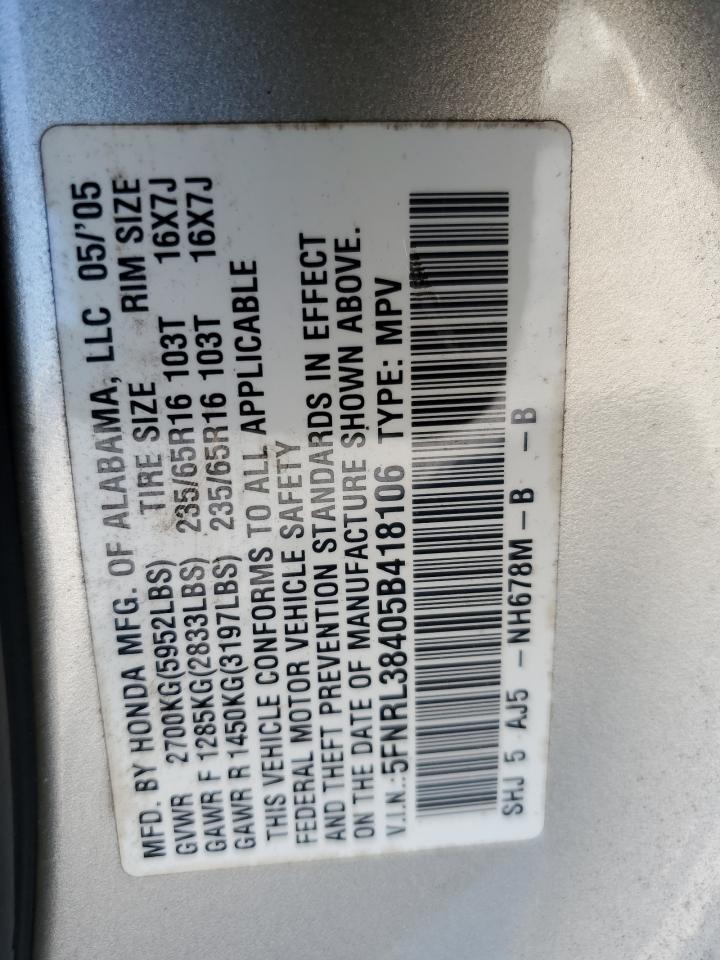 2005 Honda Odyssey Ex VIN: 5FNRL38405B418106 Lot: 69424465