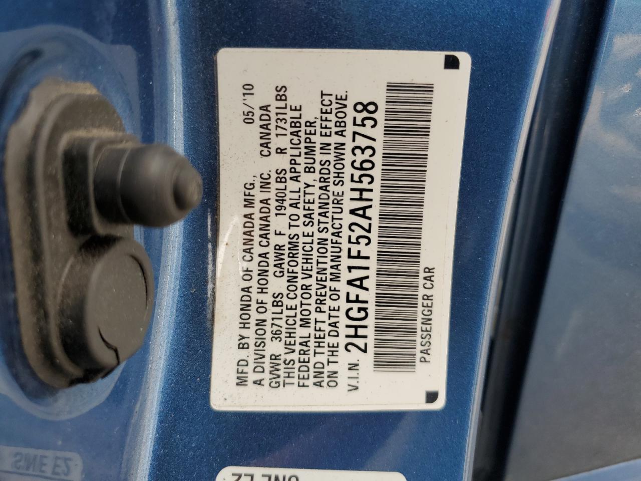 2010 Honda Civic Lx VIN: 2HGFA1F52AH563758 Lot: 80378005