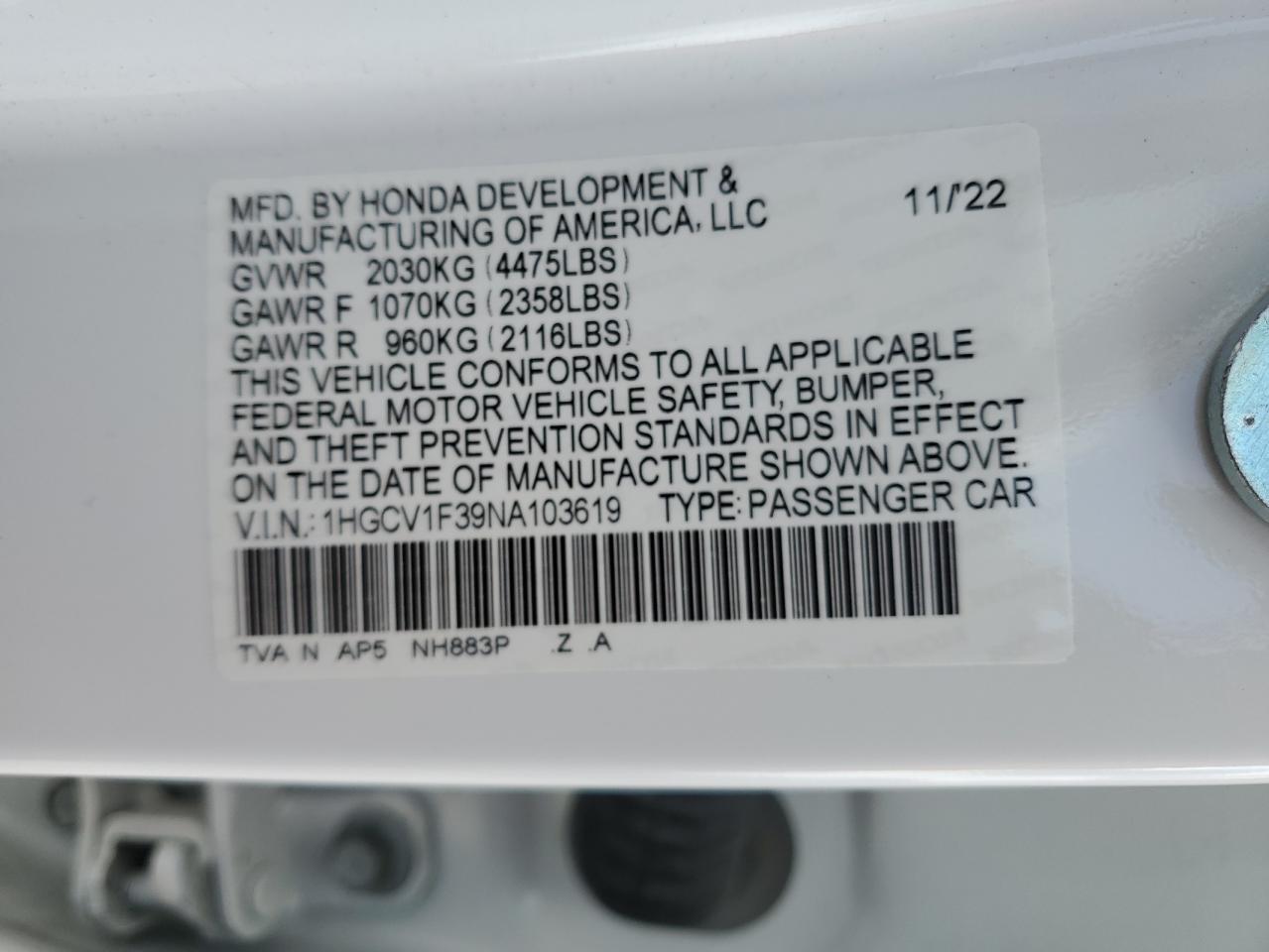 2022 Honda Accord Sport VIN: 1HGCV1F39NA103619 Lot: 84446715