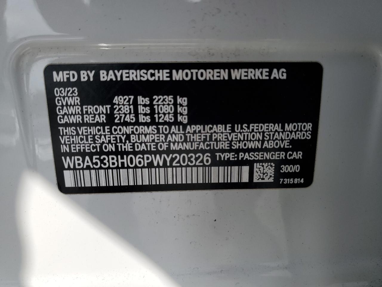 2023 BMW 530 I VIN: WBA53BH06PWY20326 Lot: 71550195