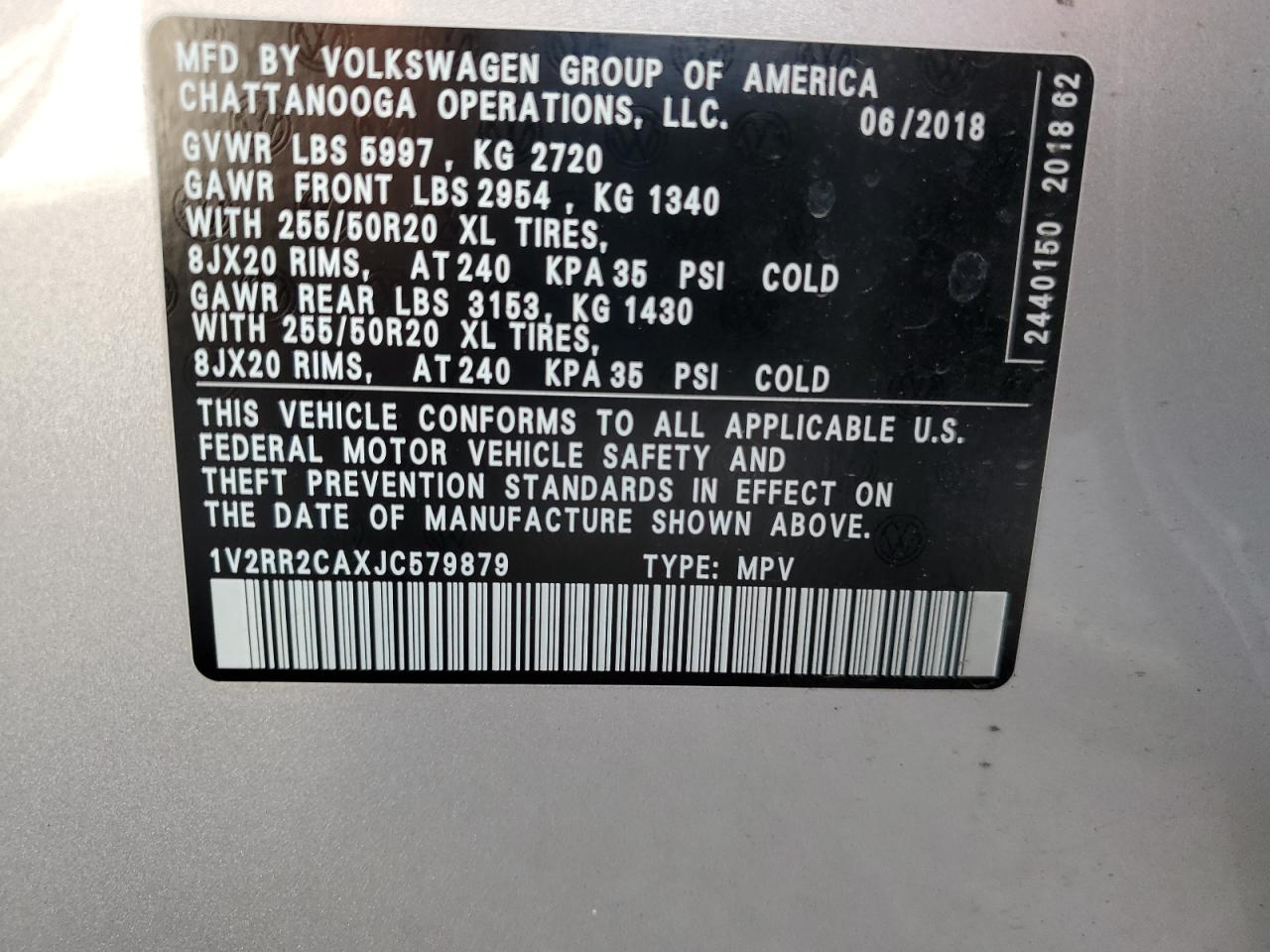 2018 Volkswagen Atlas Sel VIN: 1V2RR2CAXJC579879 Lot: 71399905