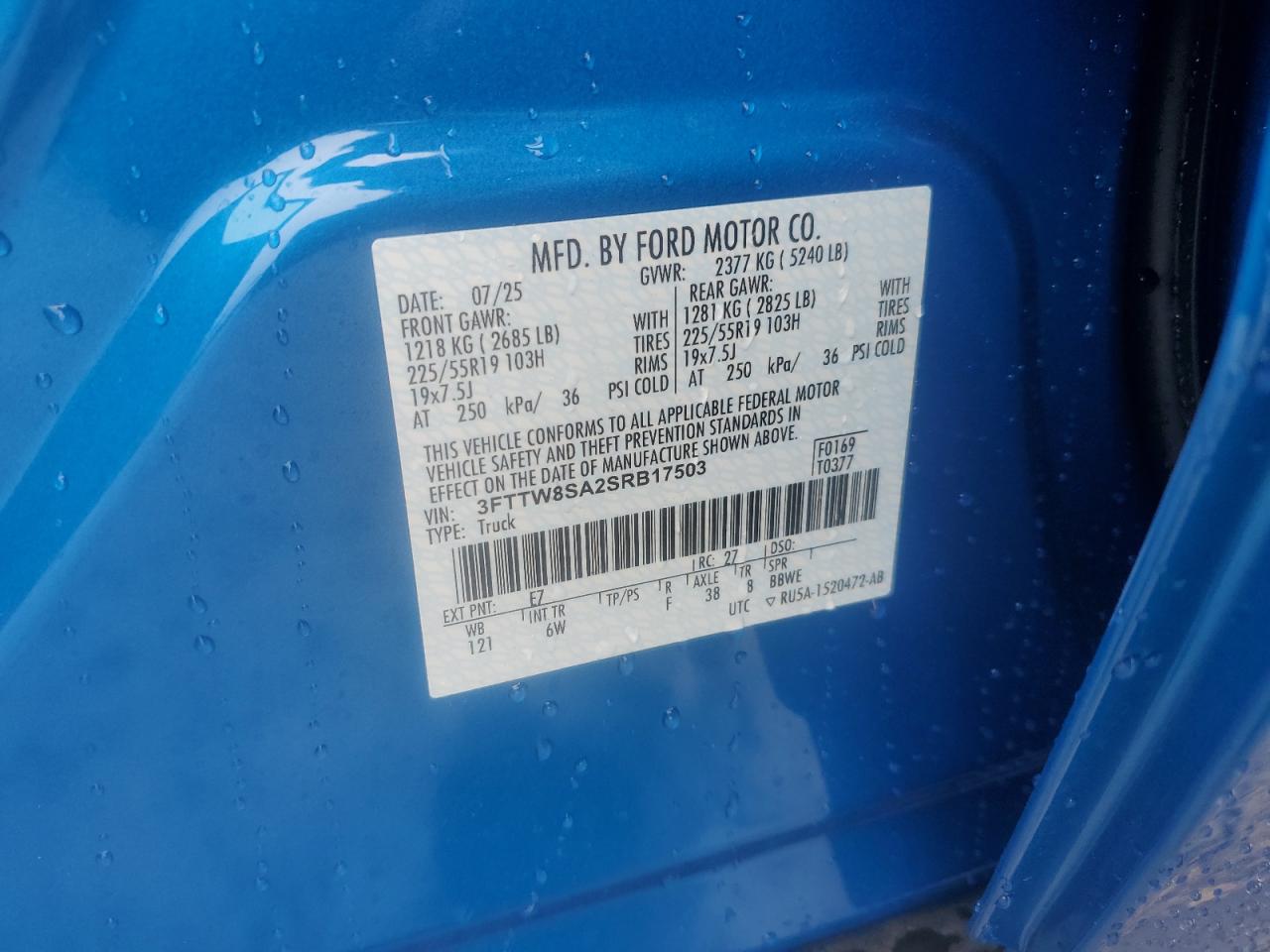 2025 Ford Maverick Lariat VIN: 3FTTW8SA2SRB17503 Lot: 81009065