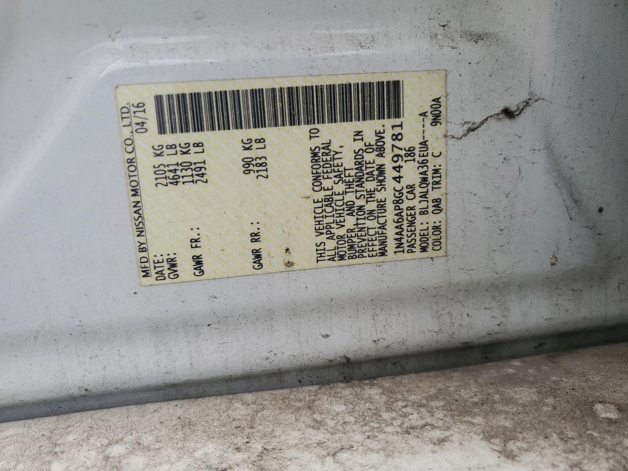 2016 Nissan Maxima 3.5S VIN: 1N4AA6AP8GC449781 Lot: 81812335