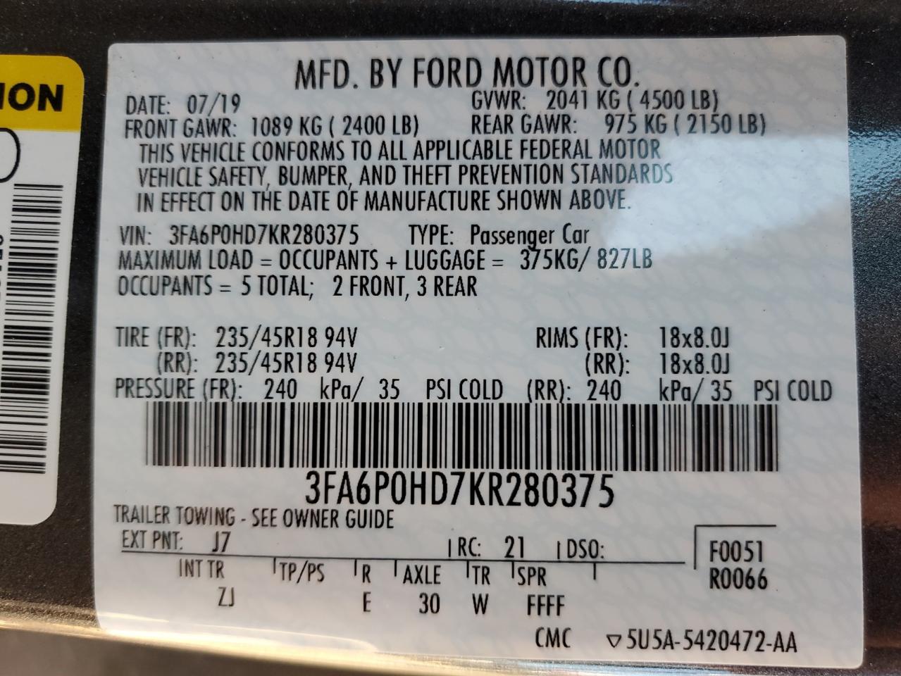 2019 Ford Fusion Se VIN: 3FA6P0HD7KR280375 Lot: 80432465