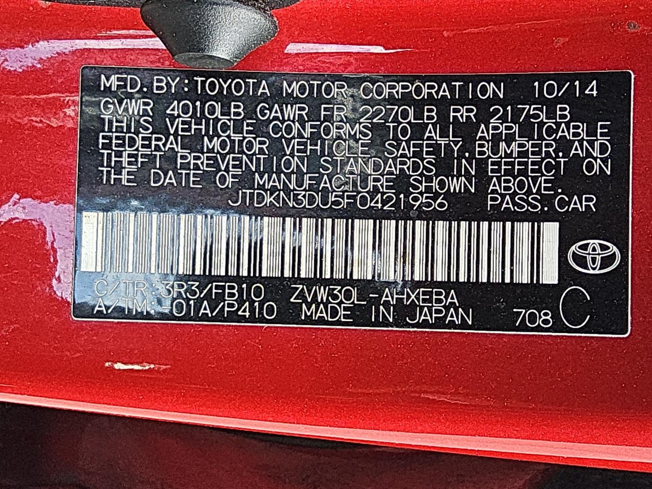 2015 Toyota Prius VIN: JTDKN3DU5F0421956 Lot: 80478145