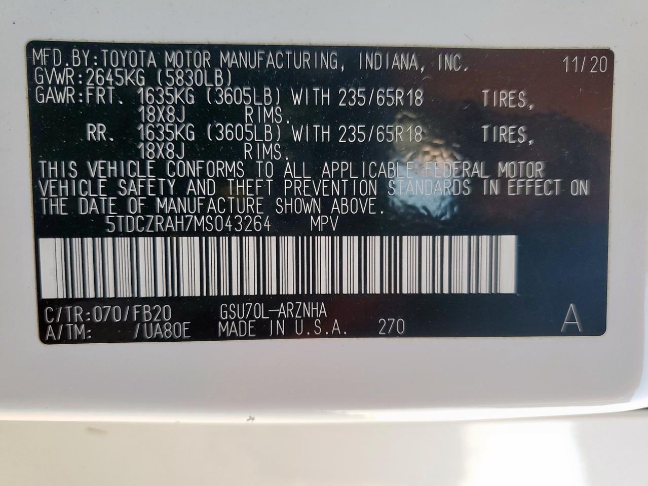 2021 Toyota Highlander L VIN: 5TDCZRAH7MS043264 Lot: 71714275
