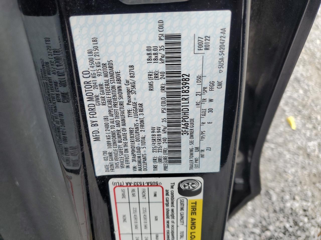 2020 Ford Fusion Se VIN: 3FA6P0HD1LR183982 Lot: 84048635