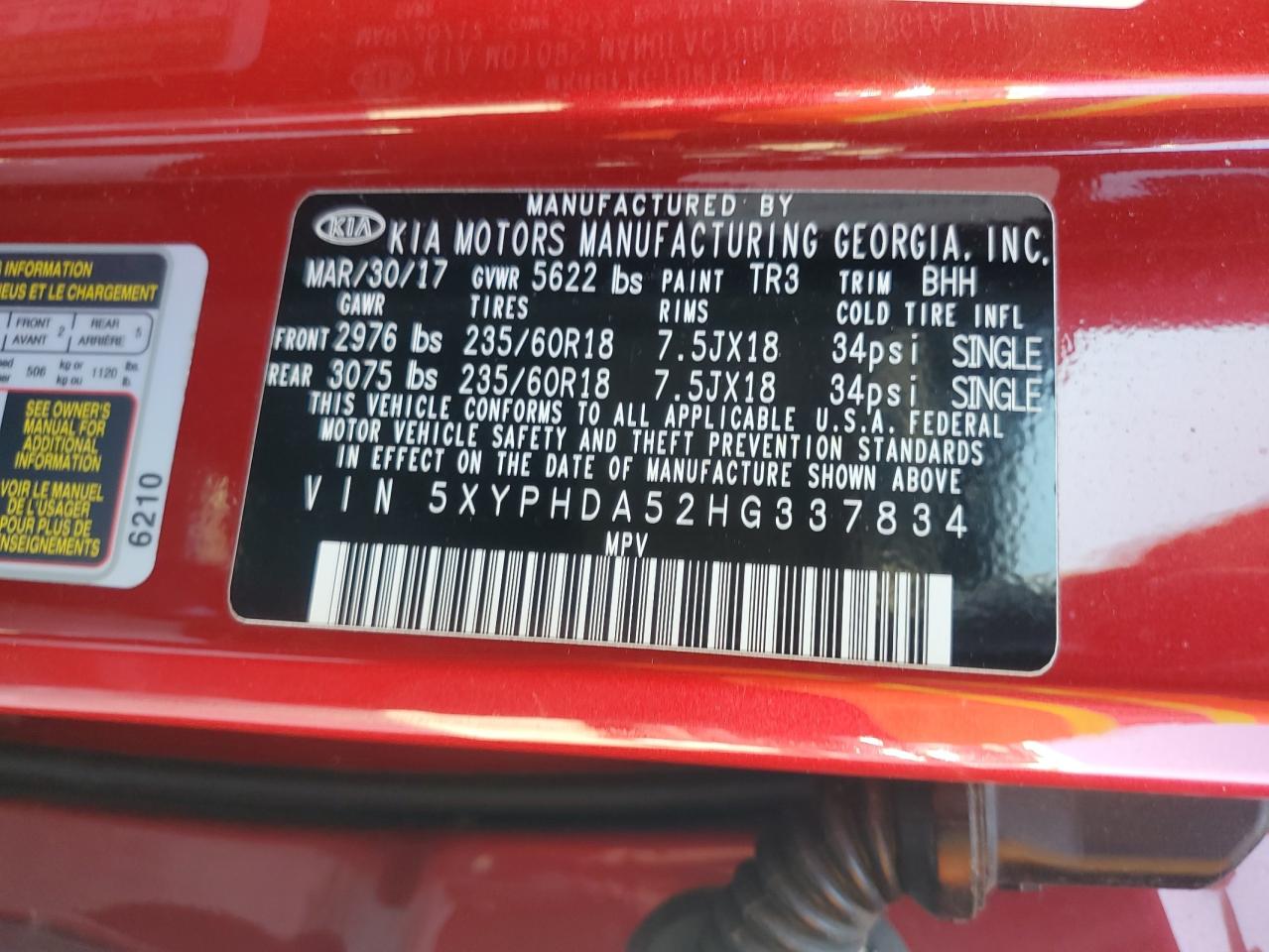 2017 Kia Sorento Ex VIN: 5XYPHDA52HG337834 Lot: 80615495