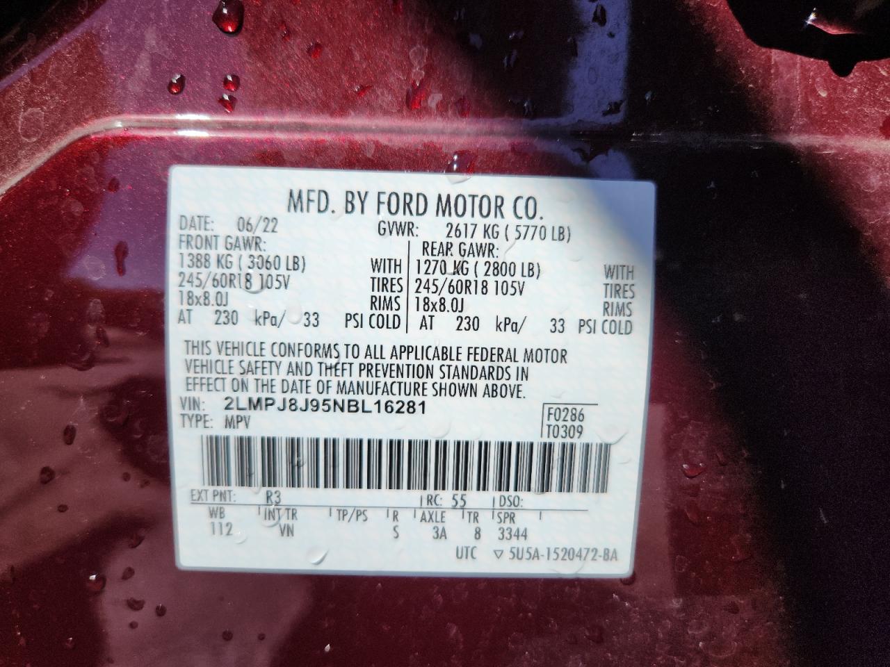 2022 Lincoln Nautilus VIN: 2LMPJ8J95NBL16281 Lot: 80755835