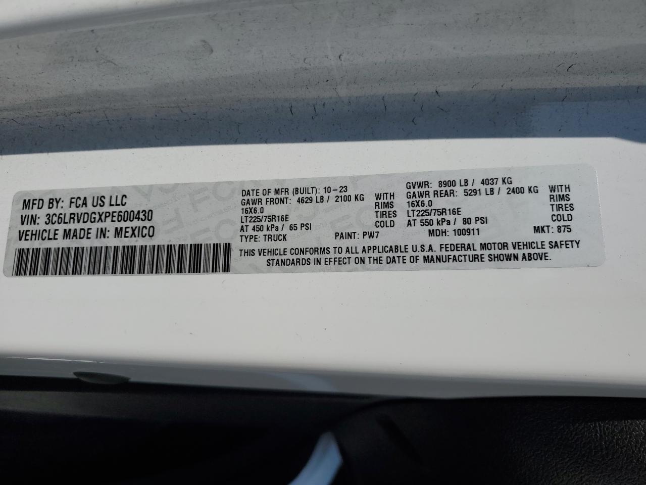 2023 Ram Promaster 2500 2500 High VIN: 3C6LRVDGXPE600430 Lot: 80605955