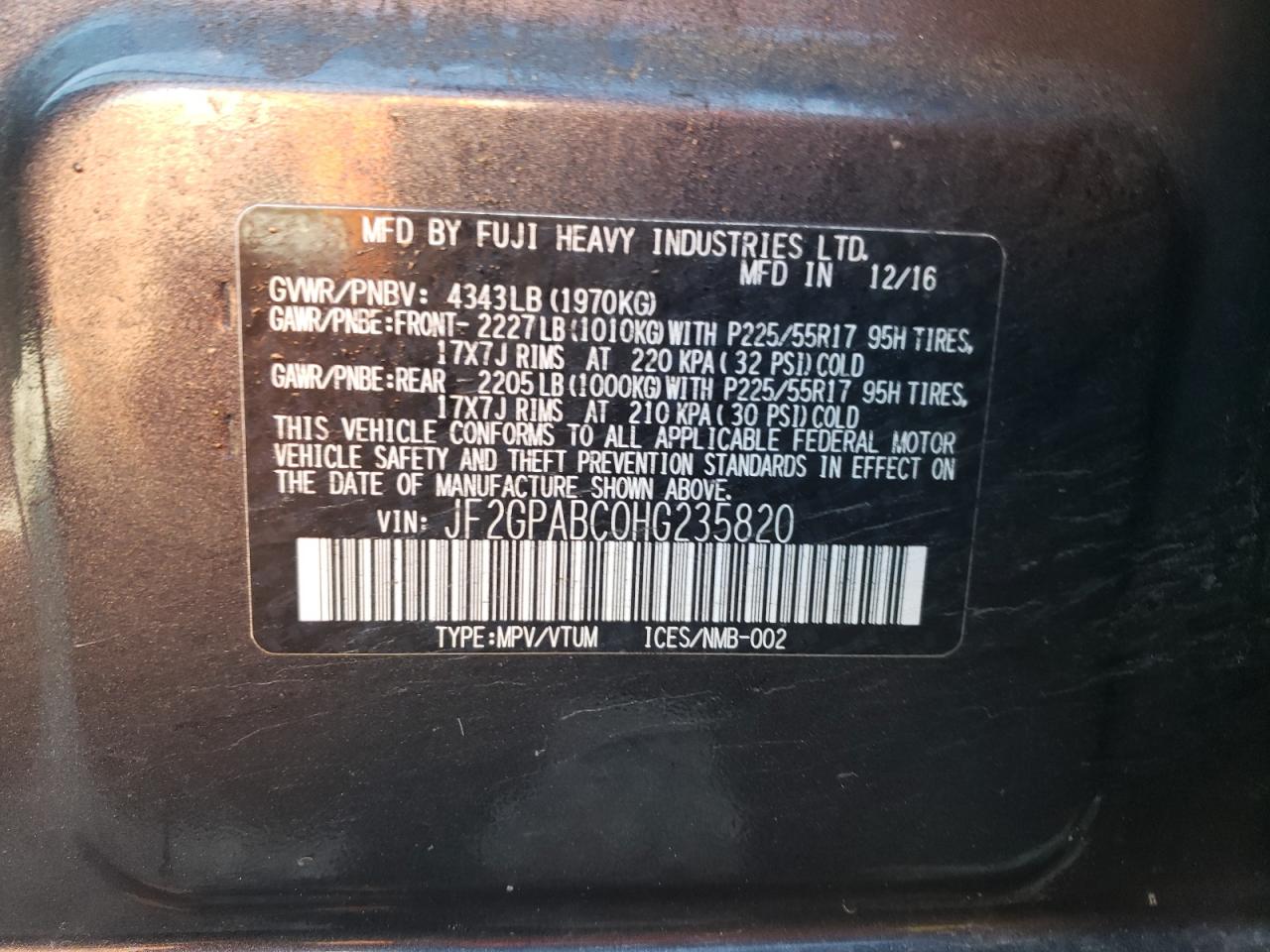 2017 Subaru Crosstrek Premium VIN: JF2GPABC0HG235820 Lot: 71103075