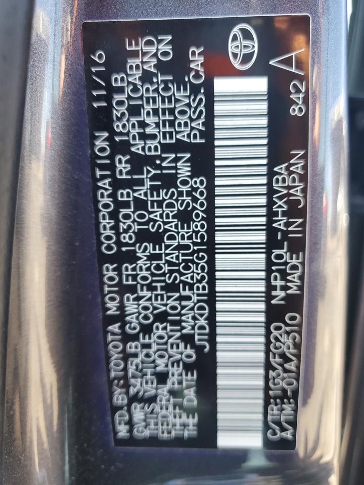 2016 Toyota Prius C VIN: JTDKDTB35G1589668 Lot: 80562805