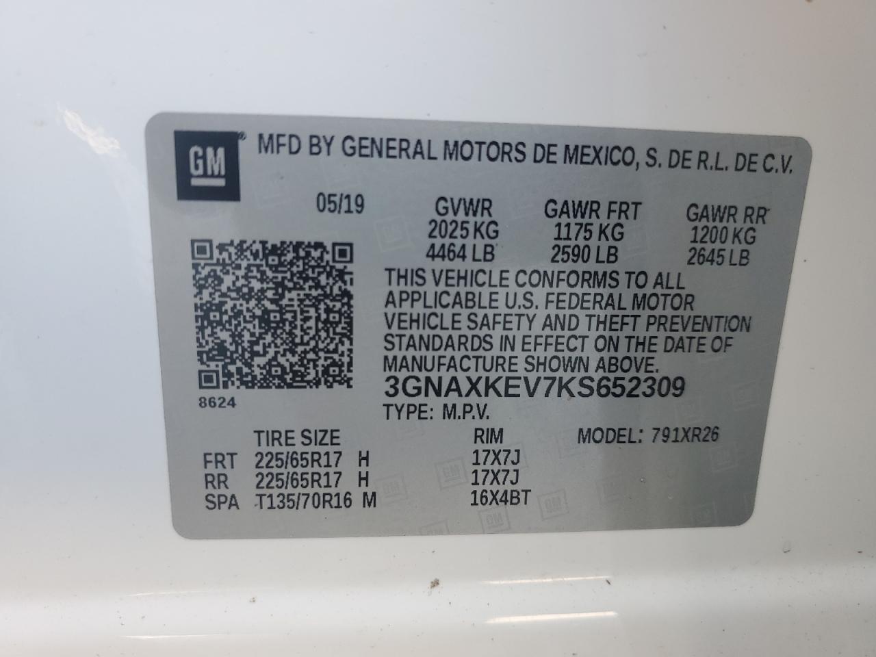 2019 Chevrolet Equinox Lt VIN: 3GNAXKEV7KS652309 Lot: 81588115