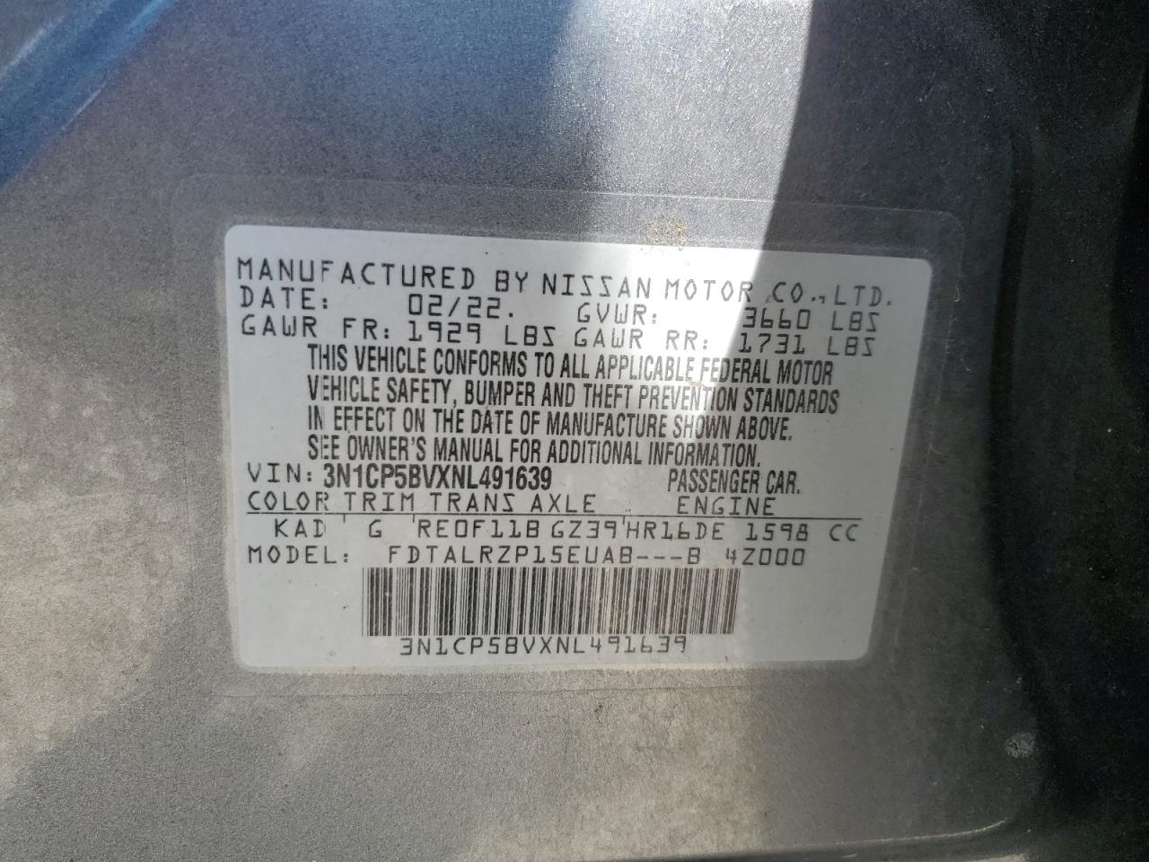 2022 Nissan Kicks S VIN: 3N1CP5BVXNL491639 Lot: 81567935