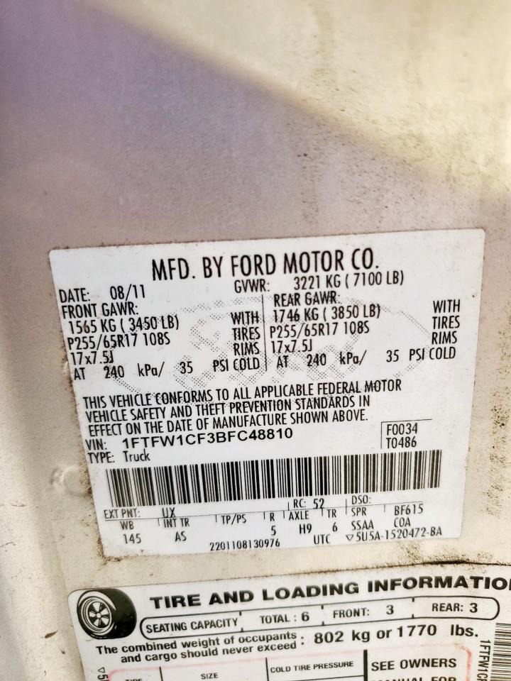 2011 Ford F150 Supercrew VIN: 1FTFW1CF3BFC48810 Lot: 80350565