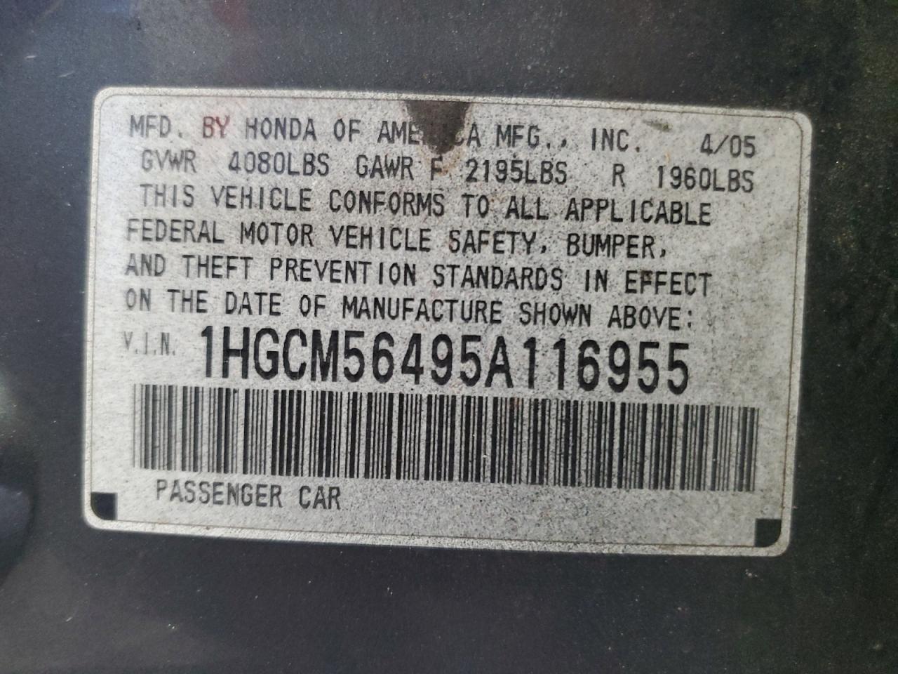 2005 Honda Accord Lx VIN: 1HGCM56495A116955 Lot: 81172705