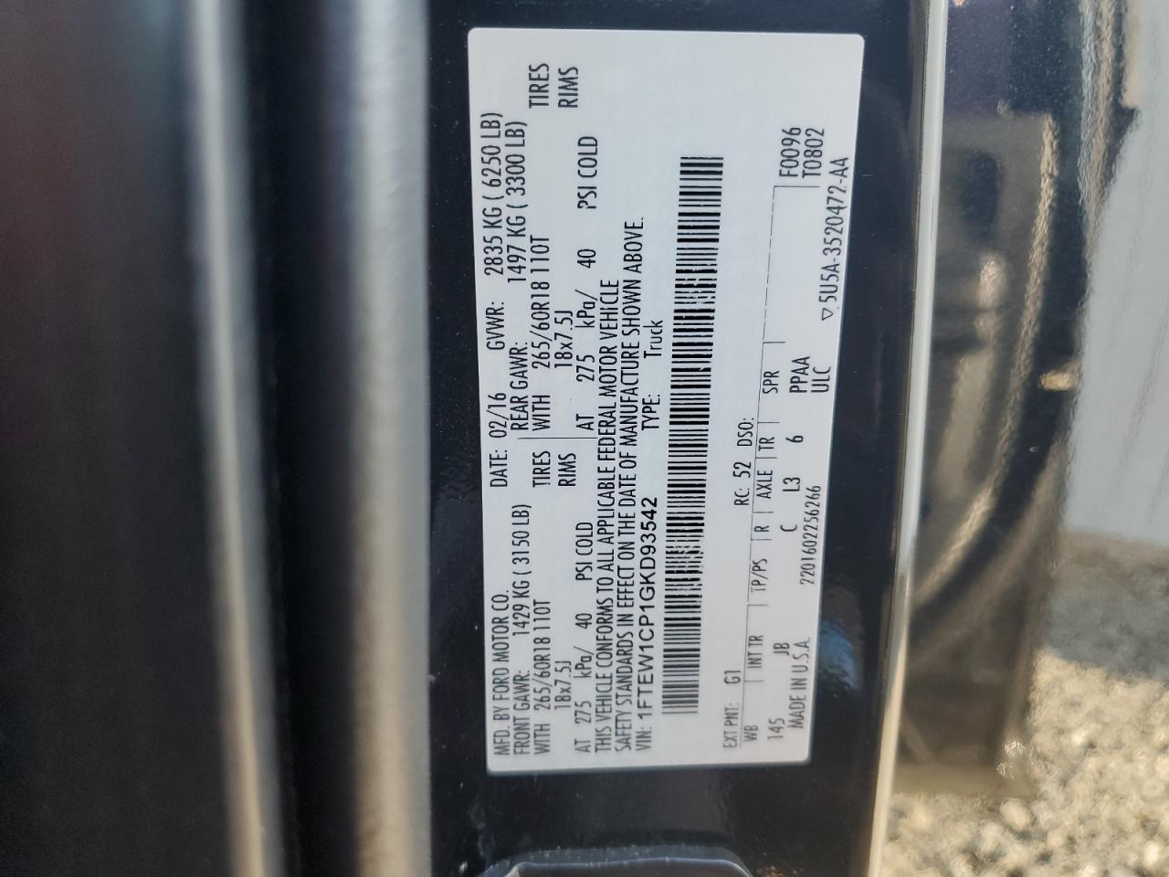 2016 Ford F150 Supercrew VIN: 1FTEW1CP1GKD93542 Lot: 71210575