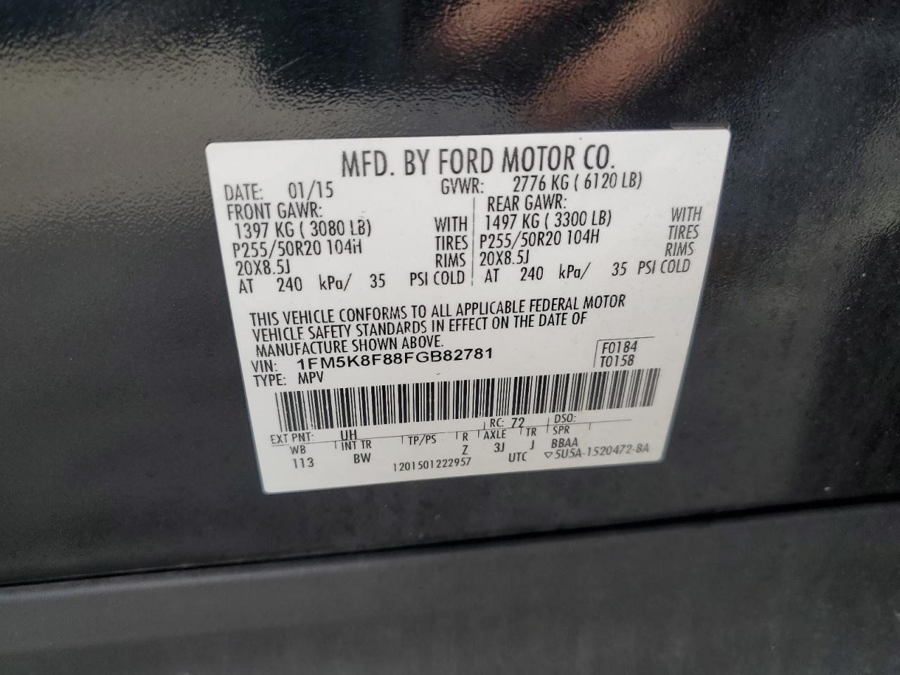 2015 Ford Explorer Limited VIN: 1FM5K8F88FGB82781 Lot: 80441585