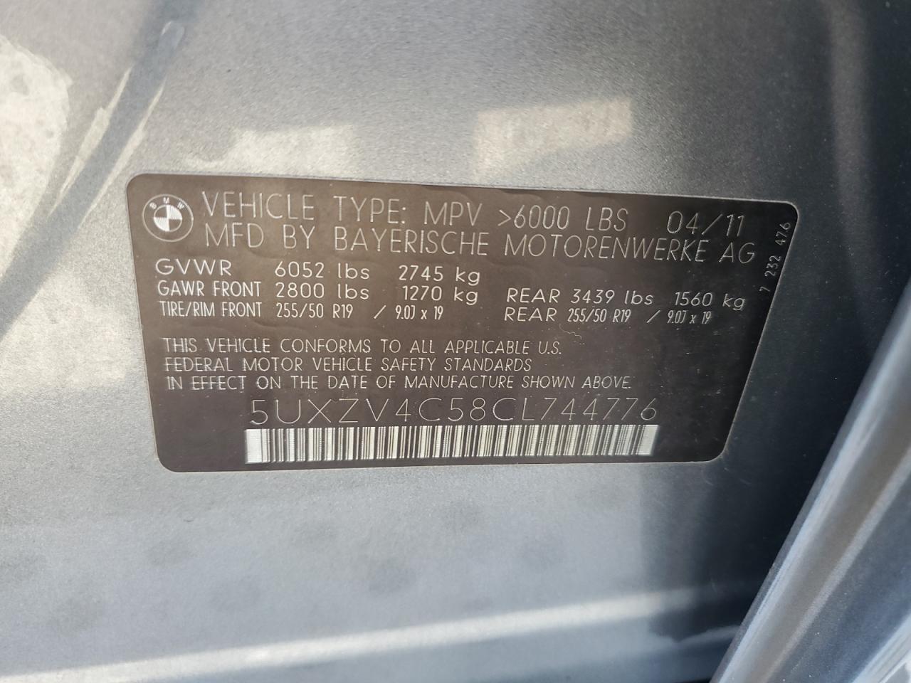 2012 BMW X5 xDrive35I VIN: 5UXZV4C58CL744776 Lot: 81553885