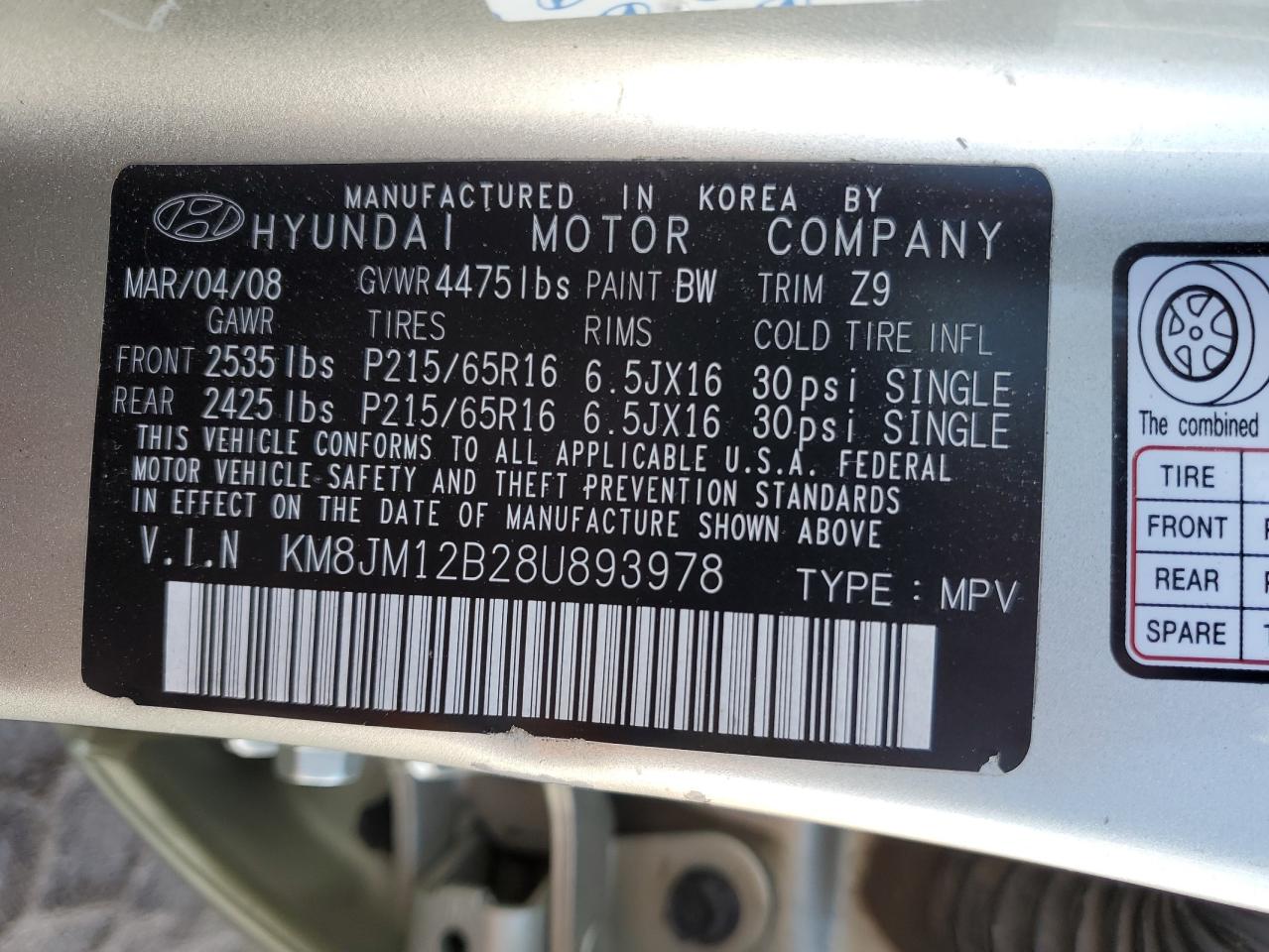 2008 Hyundai Tucson Gls VIN: KM8JM12B28U893978 Lot: 80585725