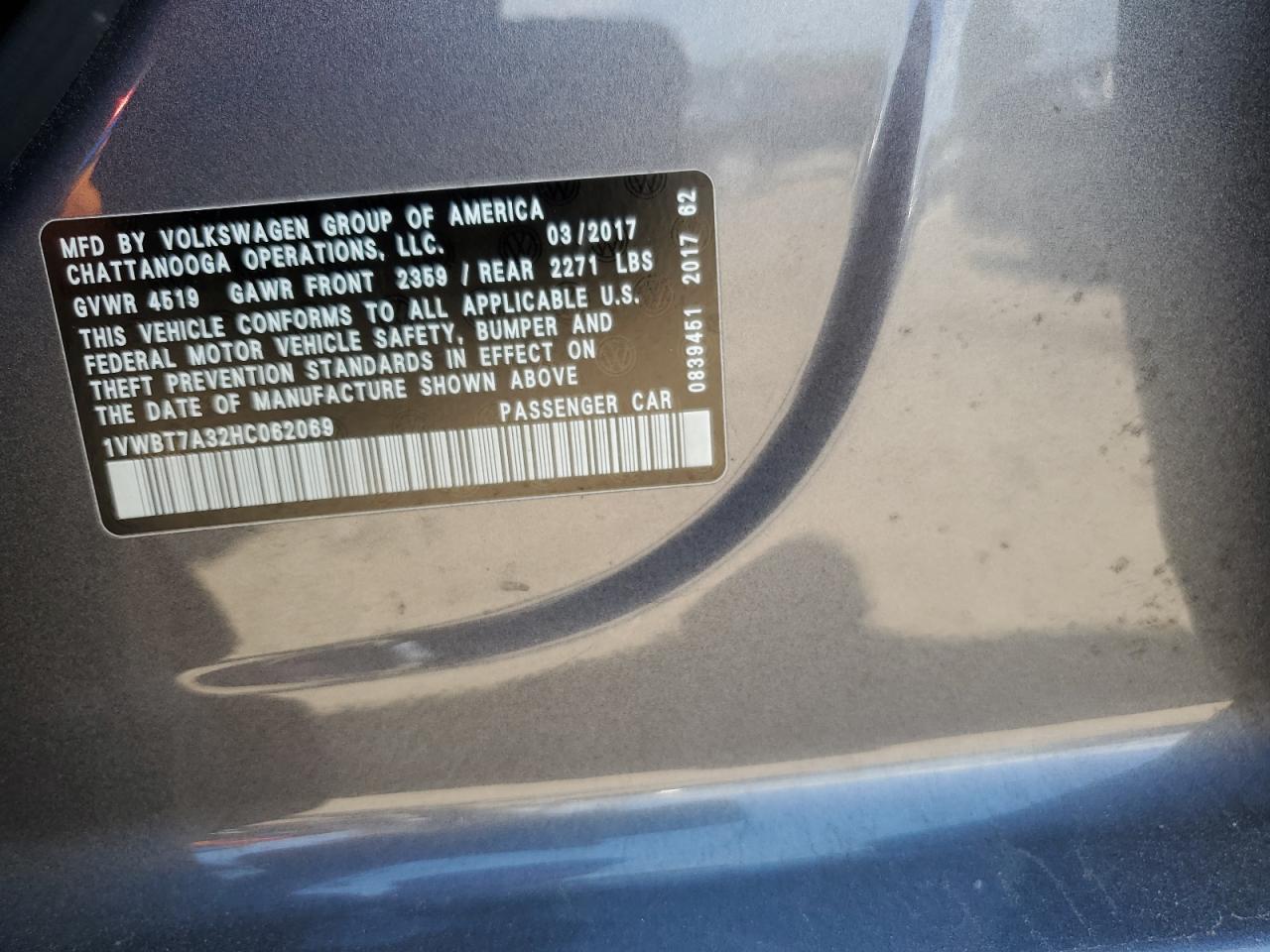 2017 Volkswagen Passat Se VIN: 1VWBT7A32HC062069 Lot: 71208435