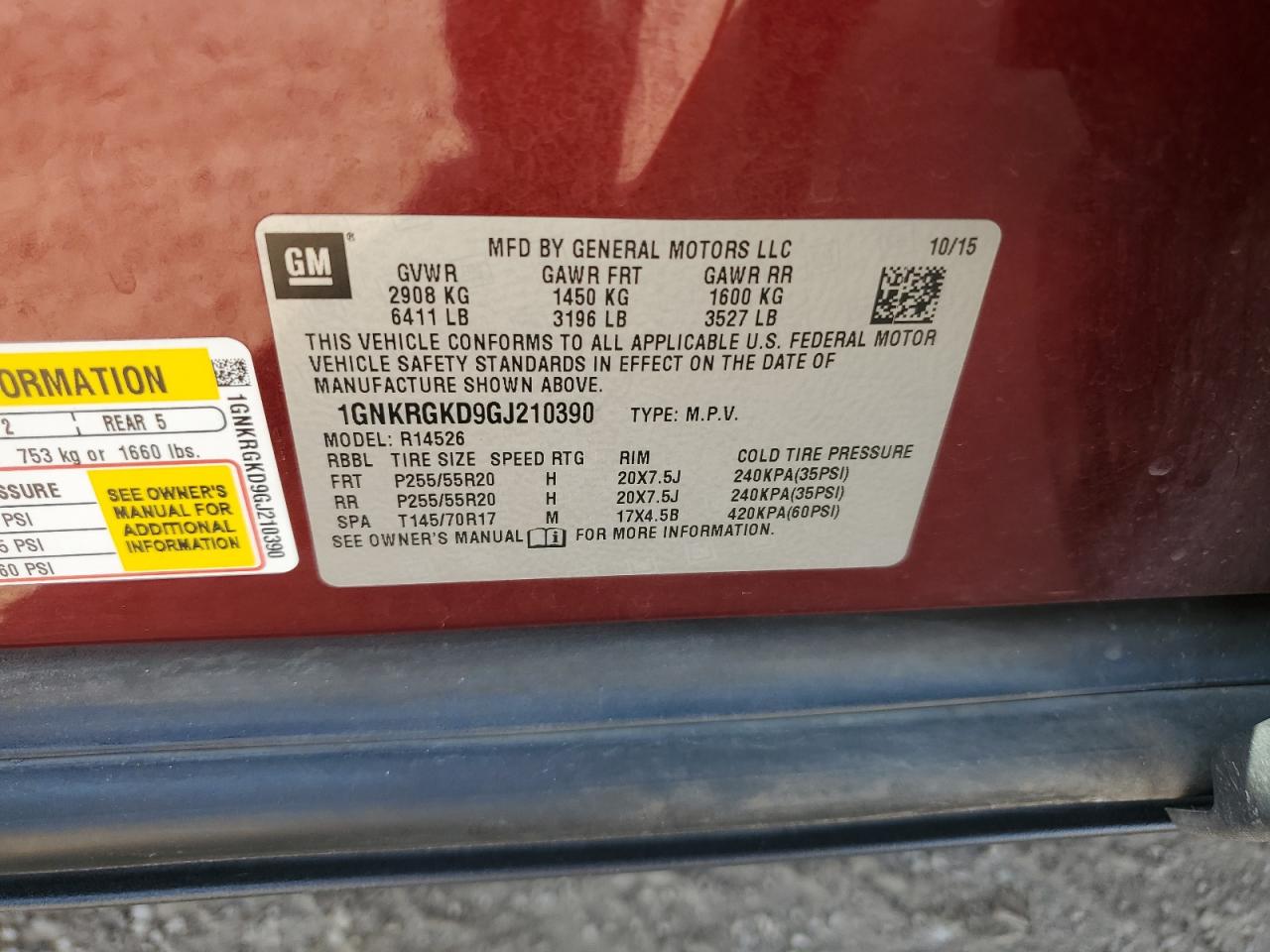 2016 Chevrolet Traverse Lt VIN: 1GNKRGKD9GJ210390 Lot: 72054495