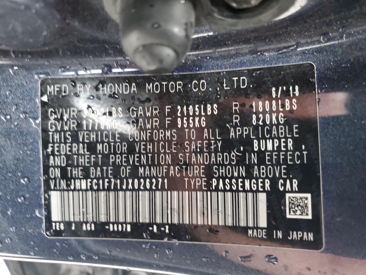 2018 Honda Civic Exl VIN: JHMFC1F71JX026271 Lot: 81376855