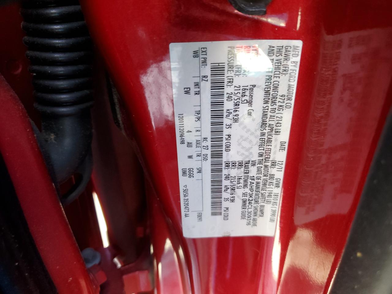 2012 Ford Focus Se VIN: 1FAHP3K24CL309316 Lot: 71979015
