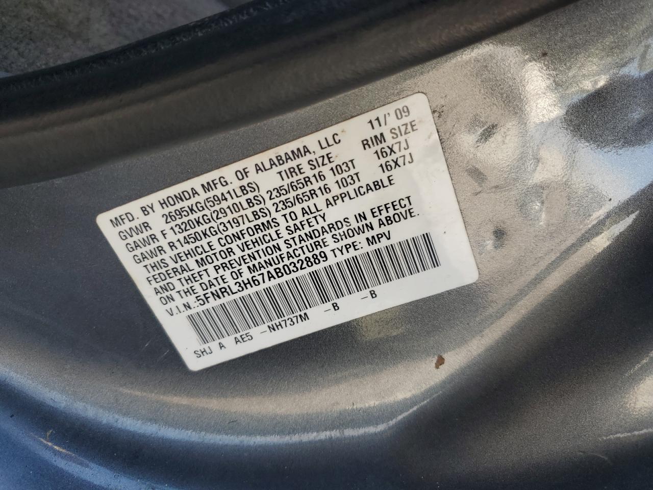 2010 Honda Odyssey Exl VIN: 5FNRL3H67AB032889 Lot: 71410675