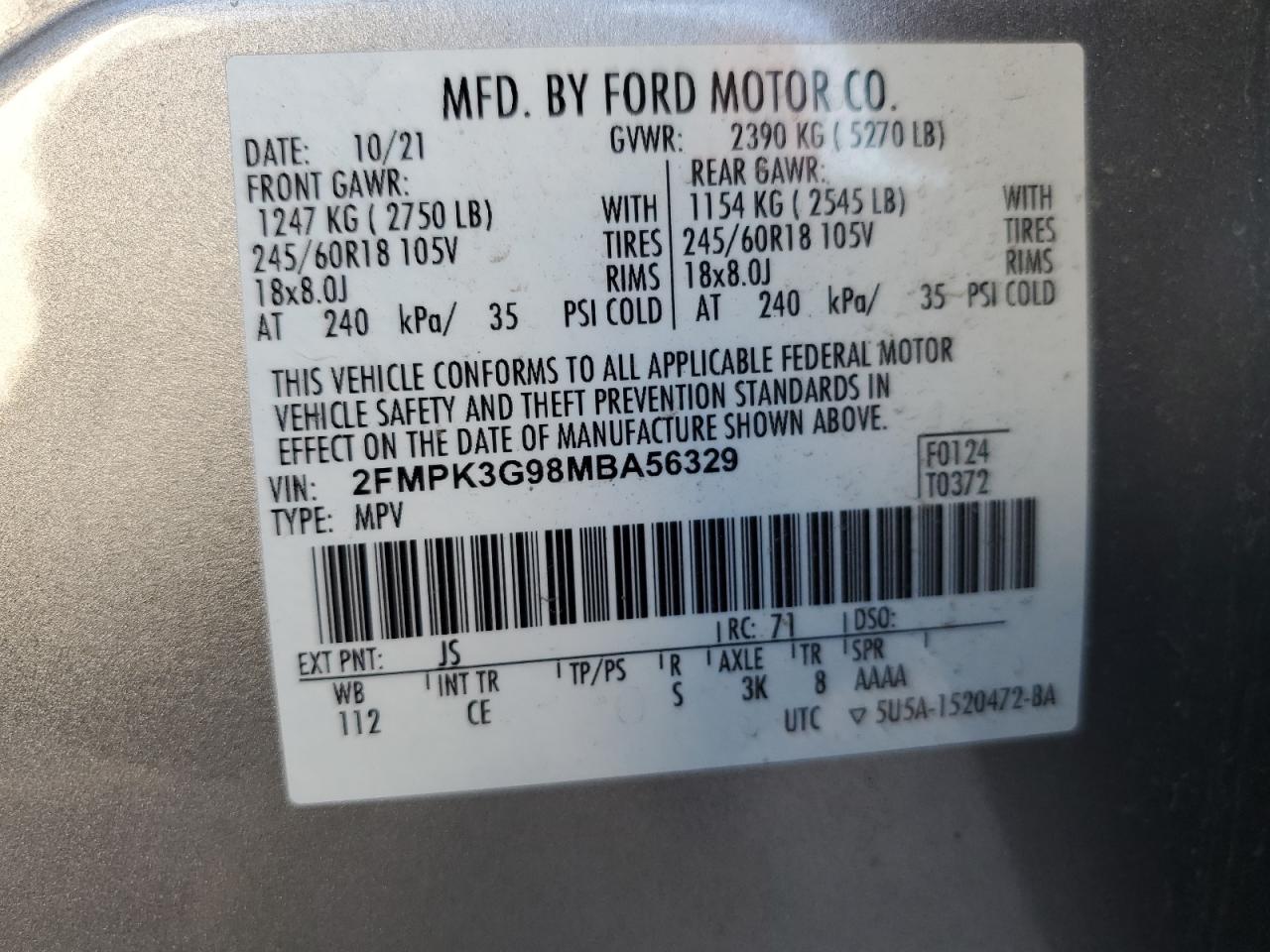 2021 Ford Edge Se VIN: 2FMPK3G98MBA56329 Lot: 80573005