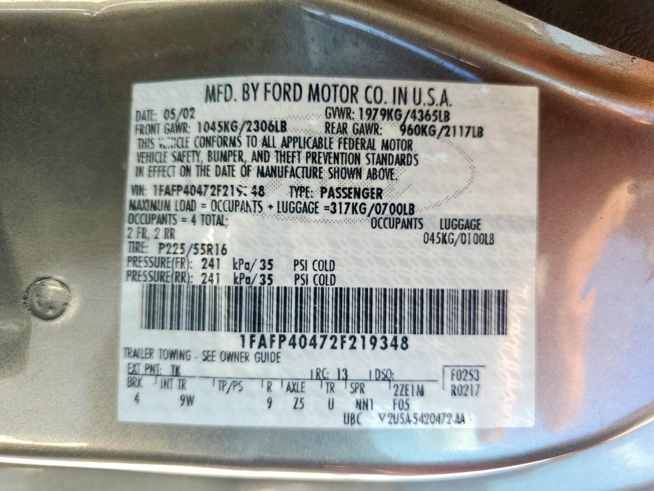 2002 Ford Mustang VIN: 1FAFP40472F219348 Lot: 92593705