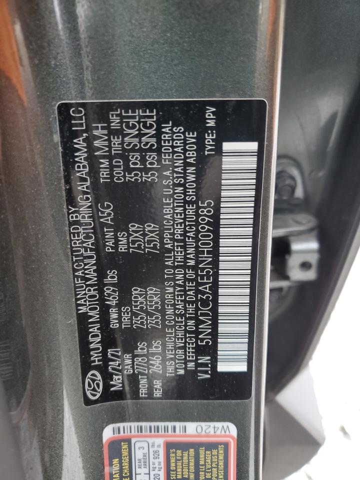 2022 Hyundai Tucson Sel VIN: 5NMJC3AE5NH009985 Lot: 84622225