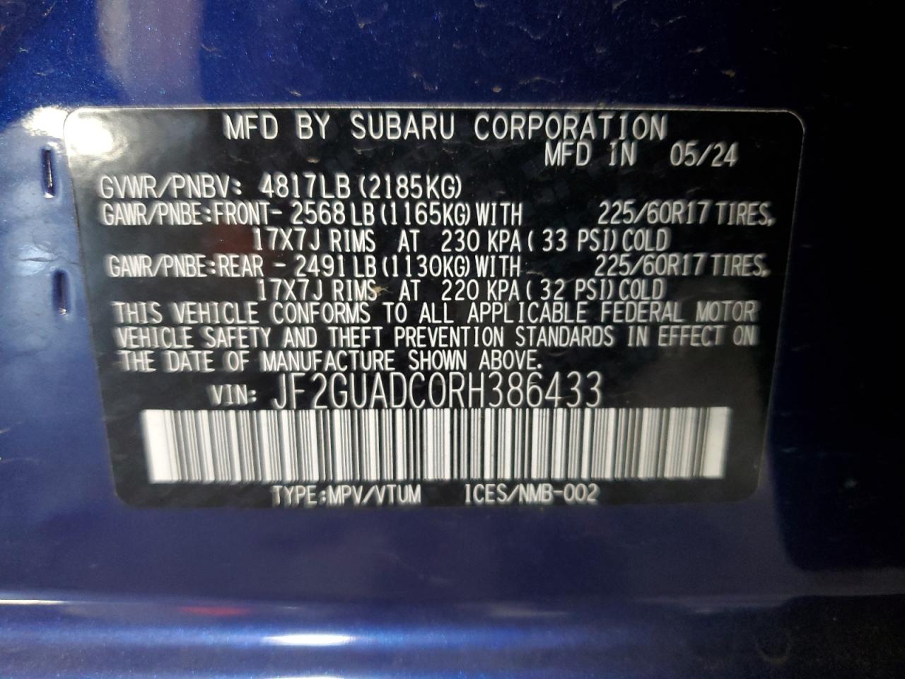 2024 Subaru Crosstrek Premium VIN: JF2GUADC0RH386433 Lot: 80381075