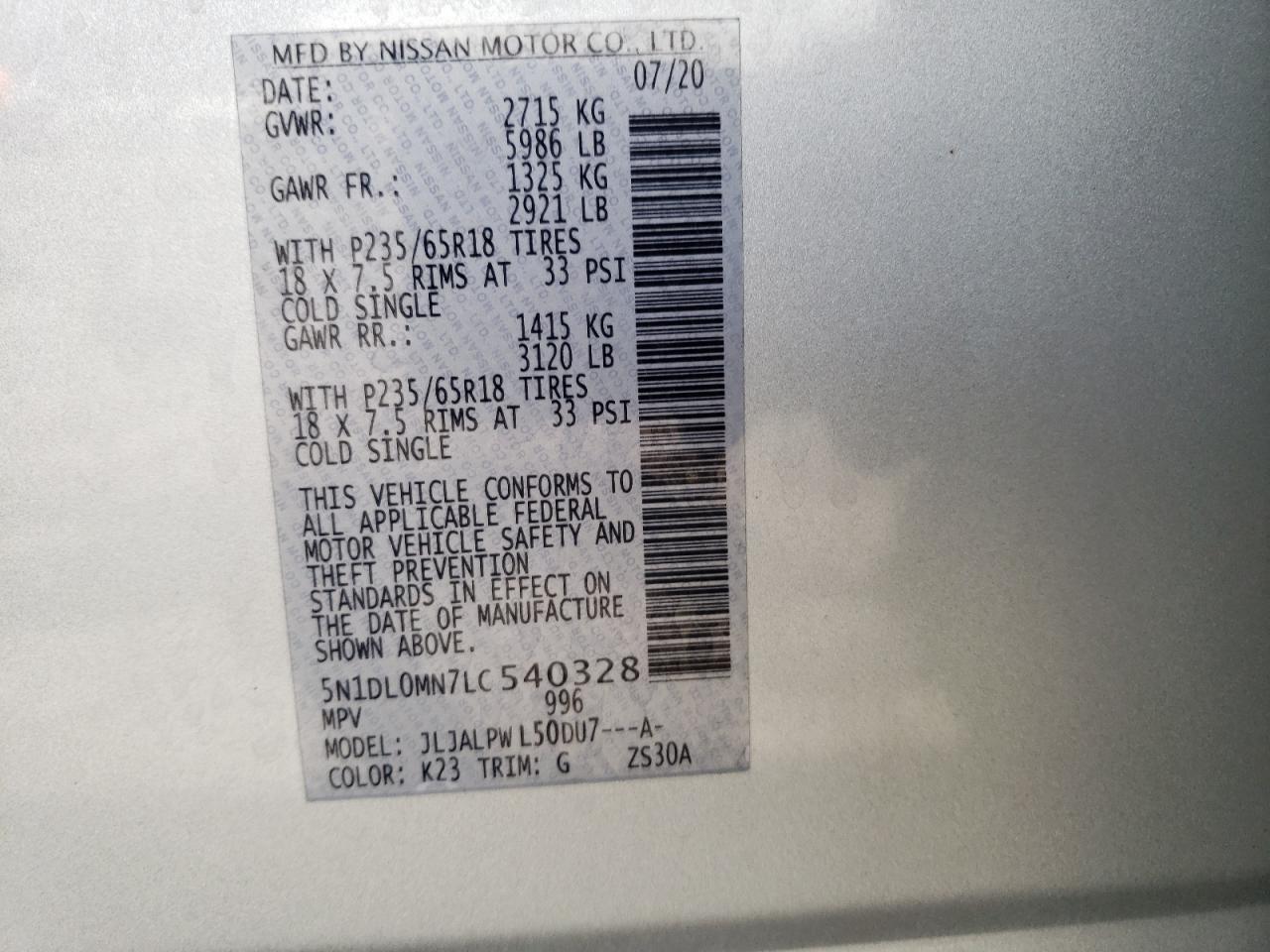 2020 Infiniti Qx60 Luxe VIN: 5N1DL0MN7LC540328 Lot: 71998875