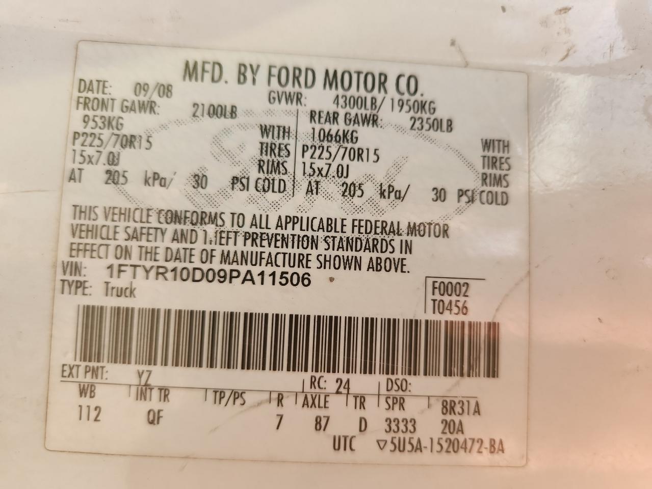 2009 Ford Ranger VIN: 1FTYR10D09PA11506 Lot: 71971745