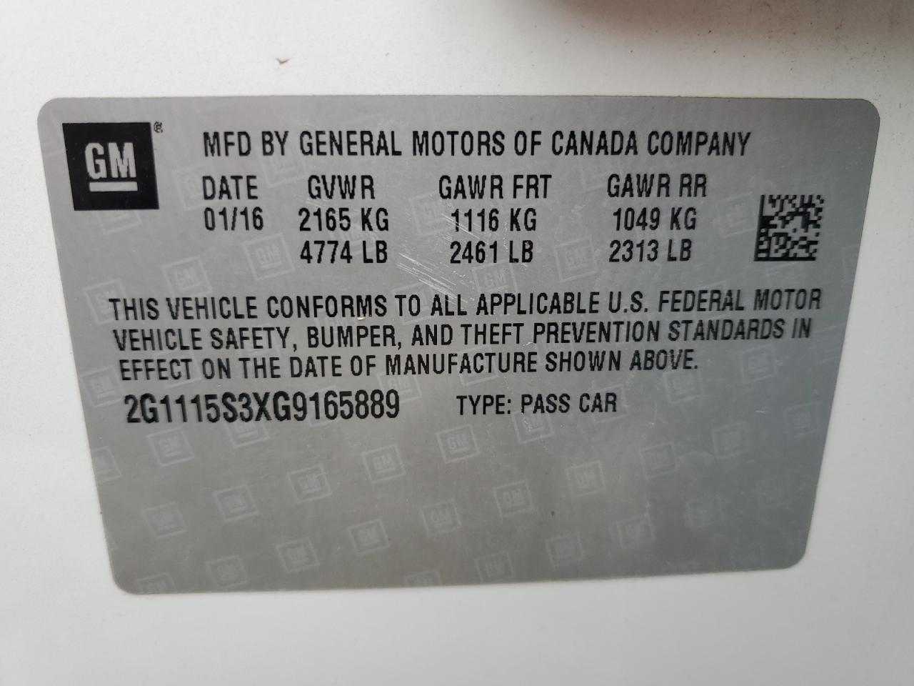 2016 Chevrolet Impala Lt VIN: 2G1115S3XG9165889 Lot: 83861495