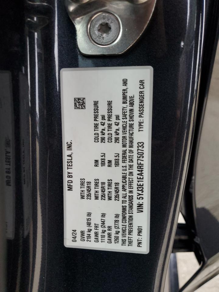 2024 Tesla Model 3 VIN: 5YJ3E1EA4RF750733 Lot: 84034075