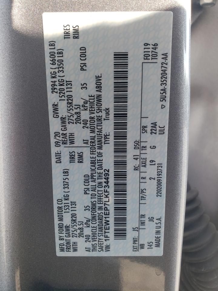 2020 Ford F150 Supercrew VIN: 1FTEW1EP7LKF34492 Lot: 80204925