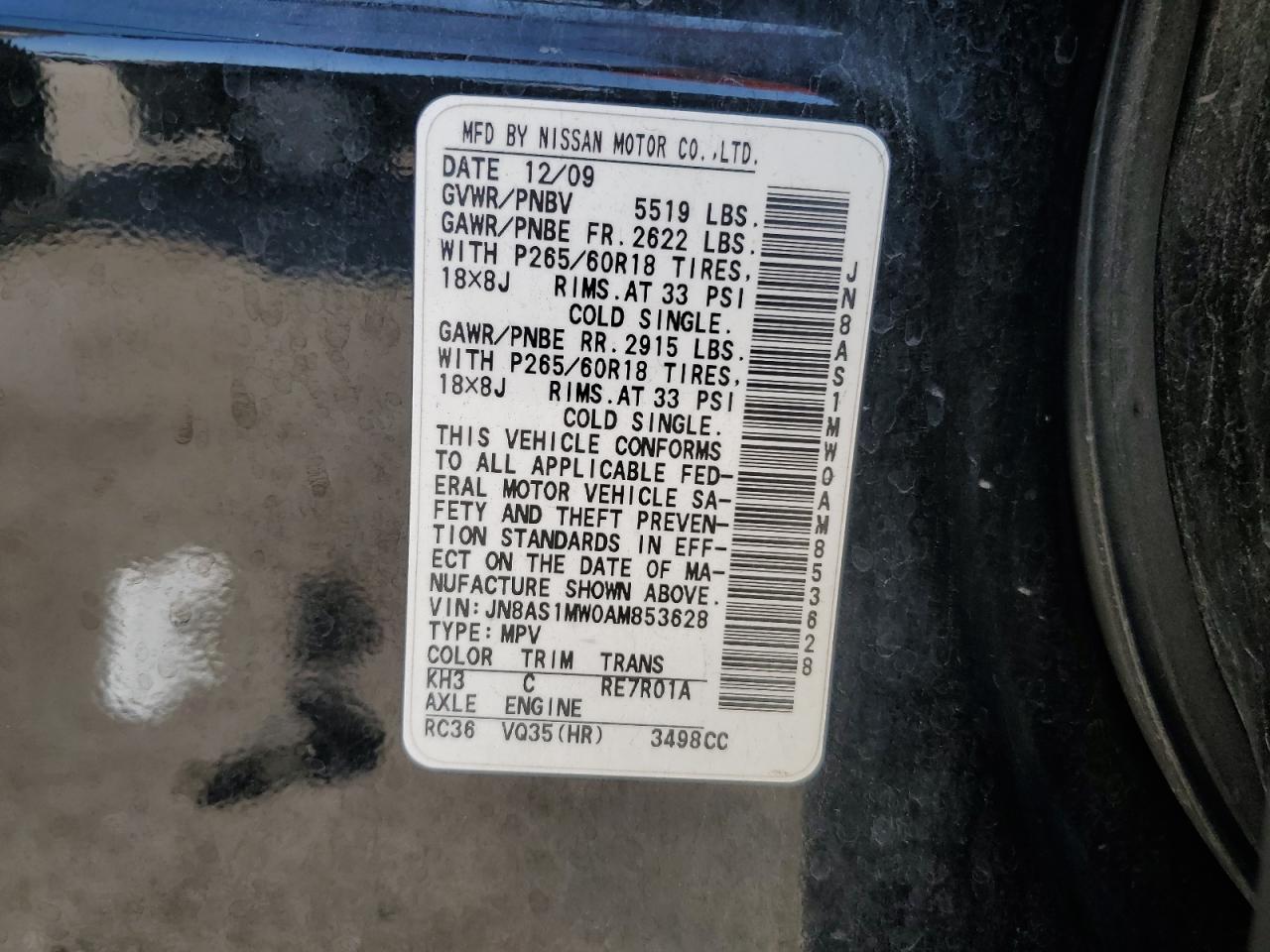 2010 Infiniti Fx35 VIN: JN8AS1MW0AM853628 Lot: 84434235