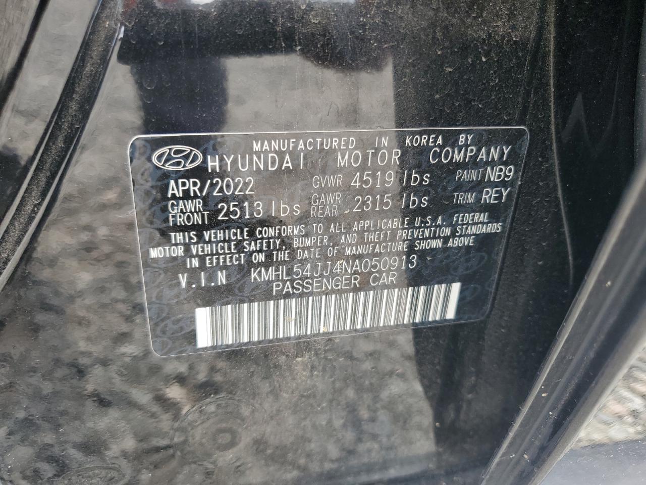 2022 Hyundai Sonata Hybrid VIN: KMHL54JJ4NA050913 Lot: 81820955