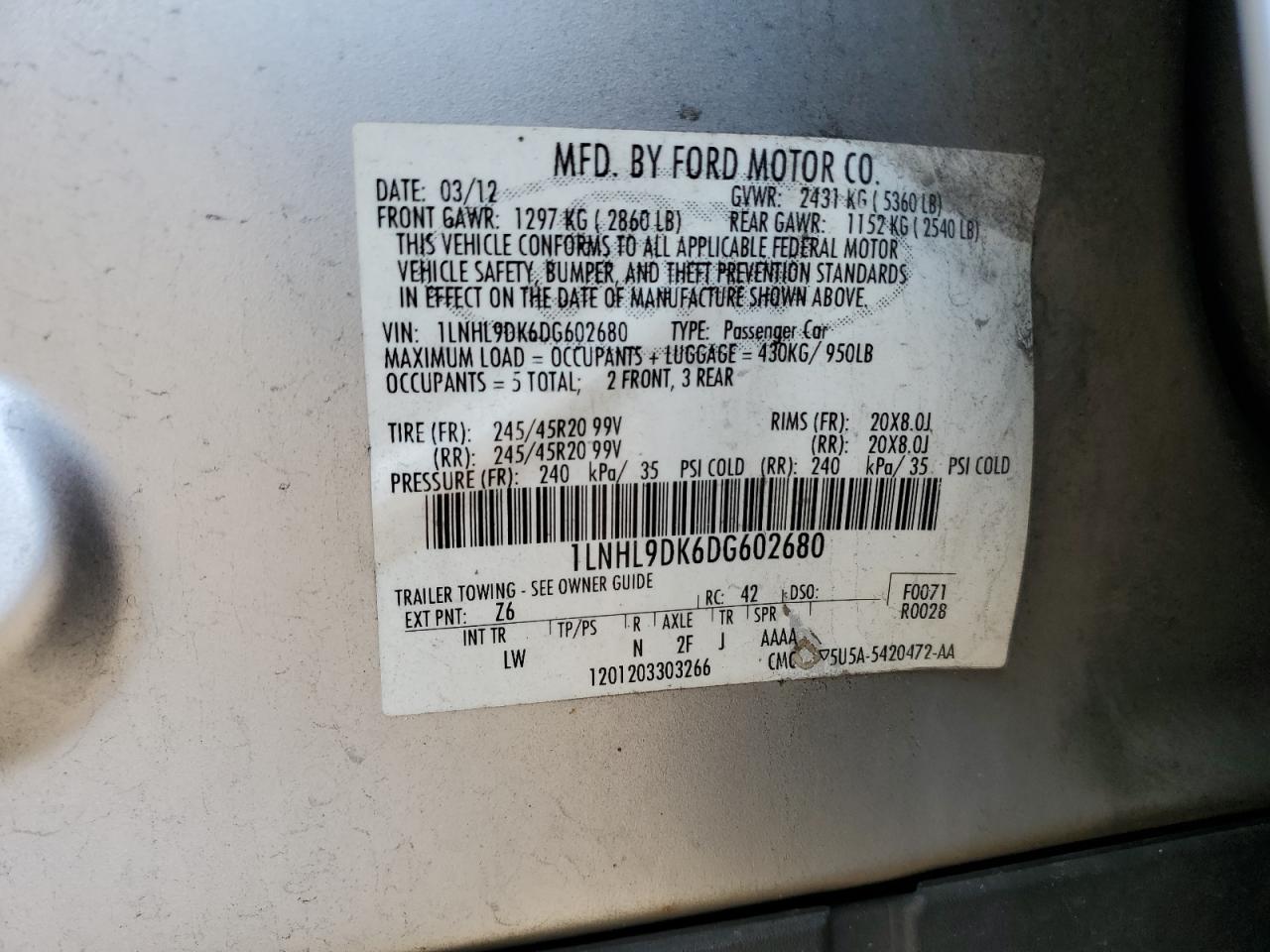 2013 Lincoln Mks VIN: 1LNHL9DK6DG602680 Lot: 71011215