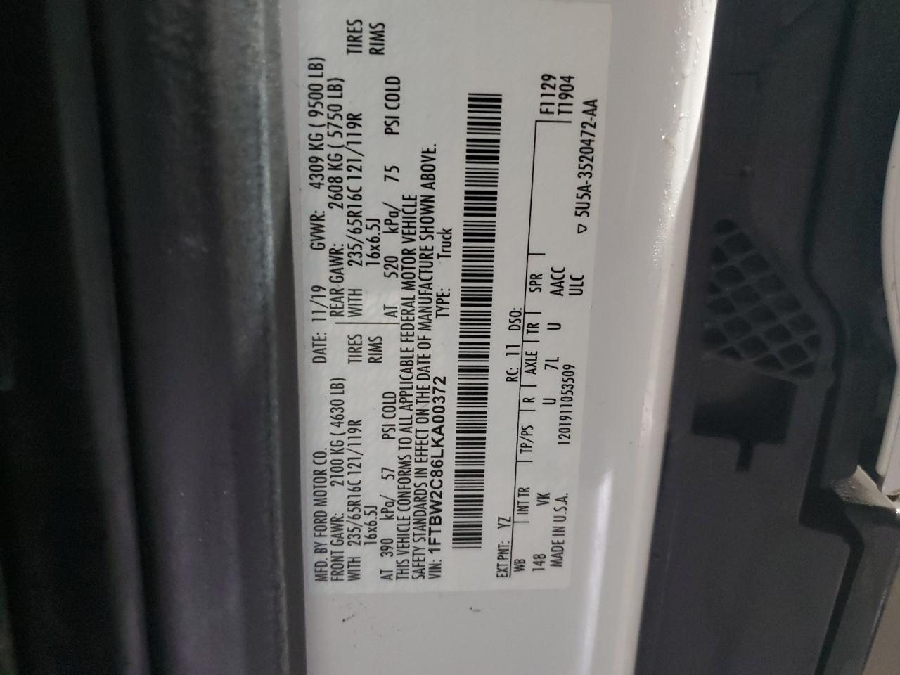 2020 Ford Transit T-350 VIN: 1FTBW2C86LKA00372 Lot: 83876665