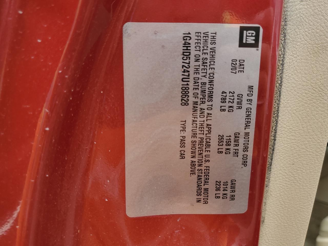 2007 Buick Lucerne Cxl VIN: 1G4HD57247U188628 Lot: 70774625