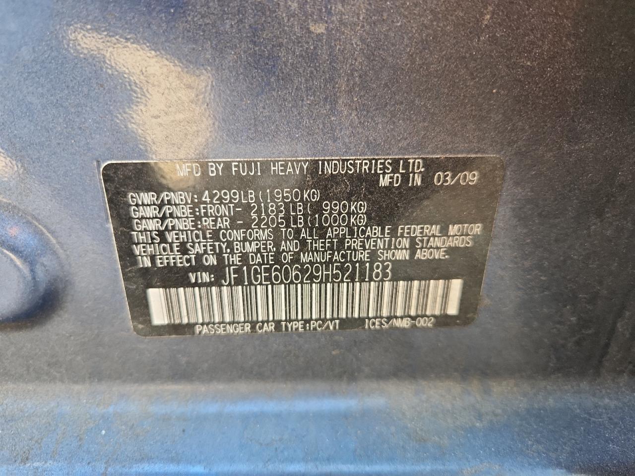 2009 Subaru Impreza 2.5I Premium VIN: JF1GE60629H521183 Lot: 80707135